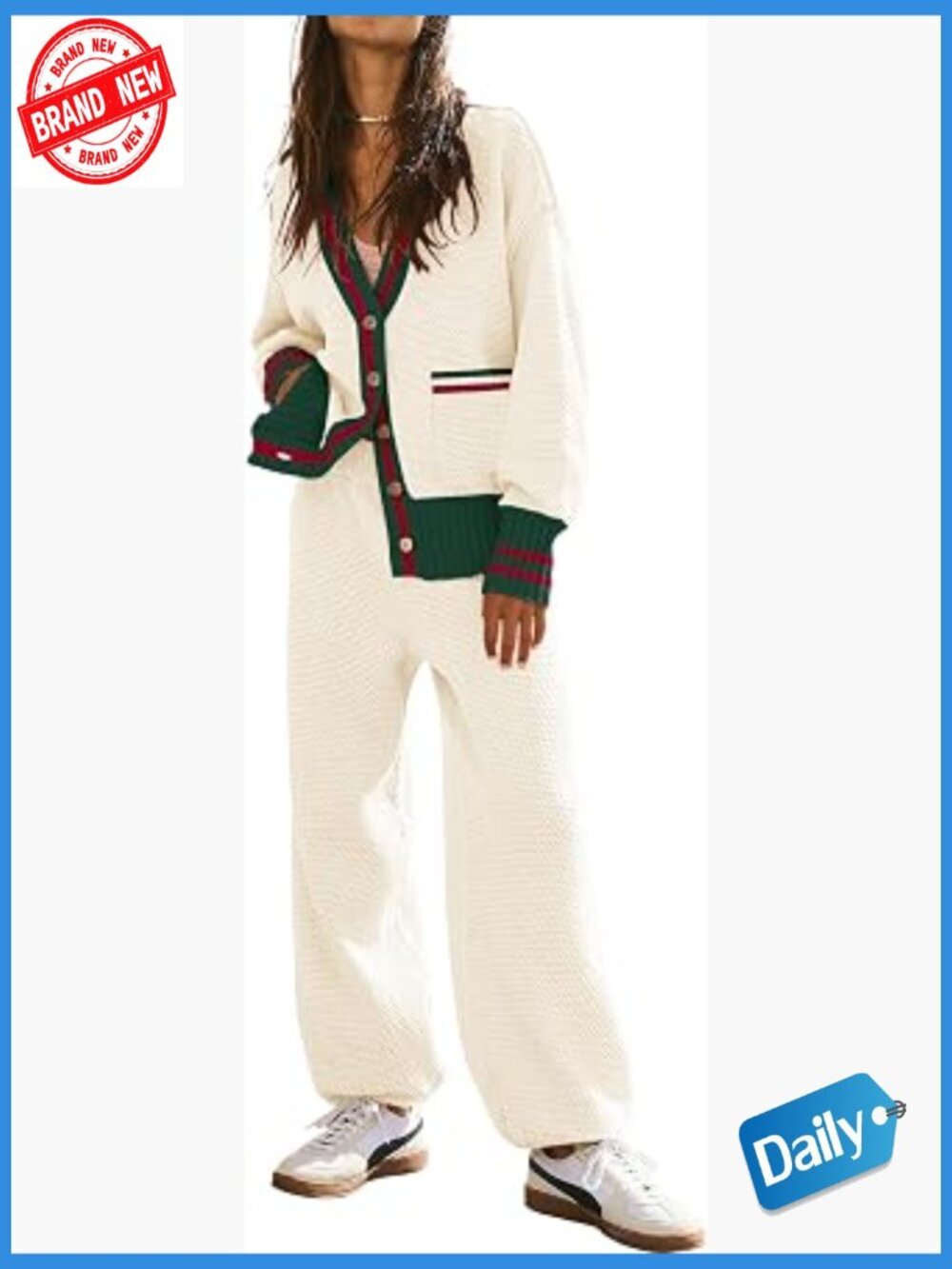 2 Piece Cardigan Sweater Pants Lounge Set V Neck Button Pocket Knit Matching